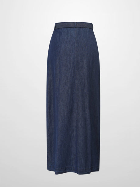 Side Inverted Pleat Denim Skirt-Dark Blue-2