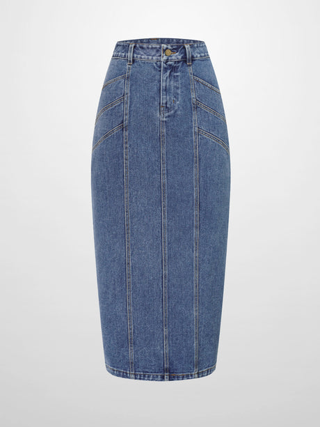Front Seam Detail Denim Skirt-Blue Wash-1