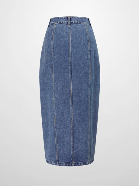 Front Seam Detail Denim Skirt-Blue Wash-2