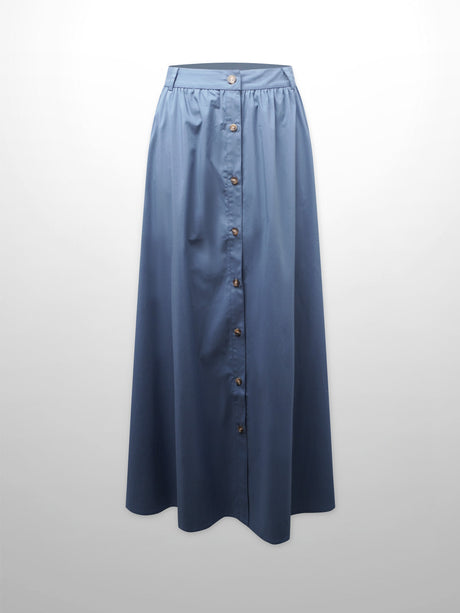 Button Down Cotton Blend Skirt-Denim Blue-1