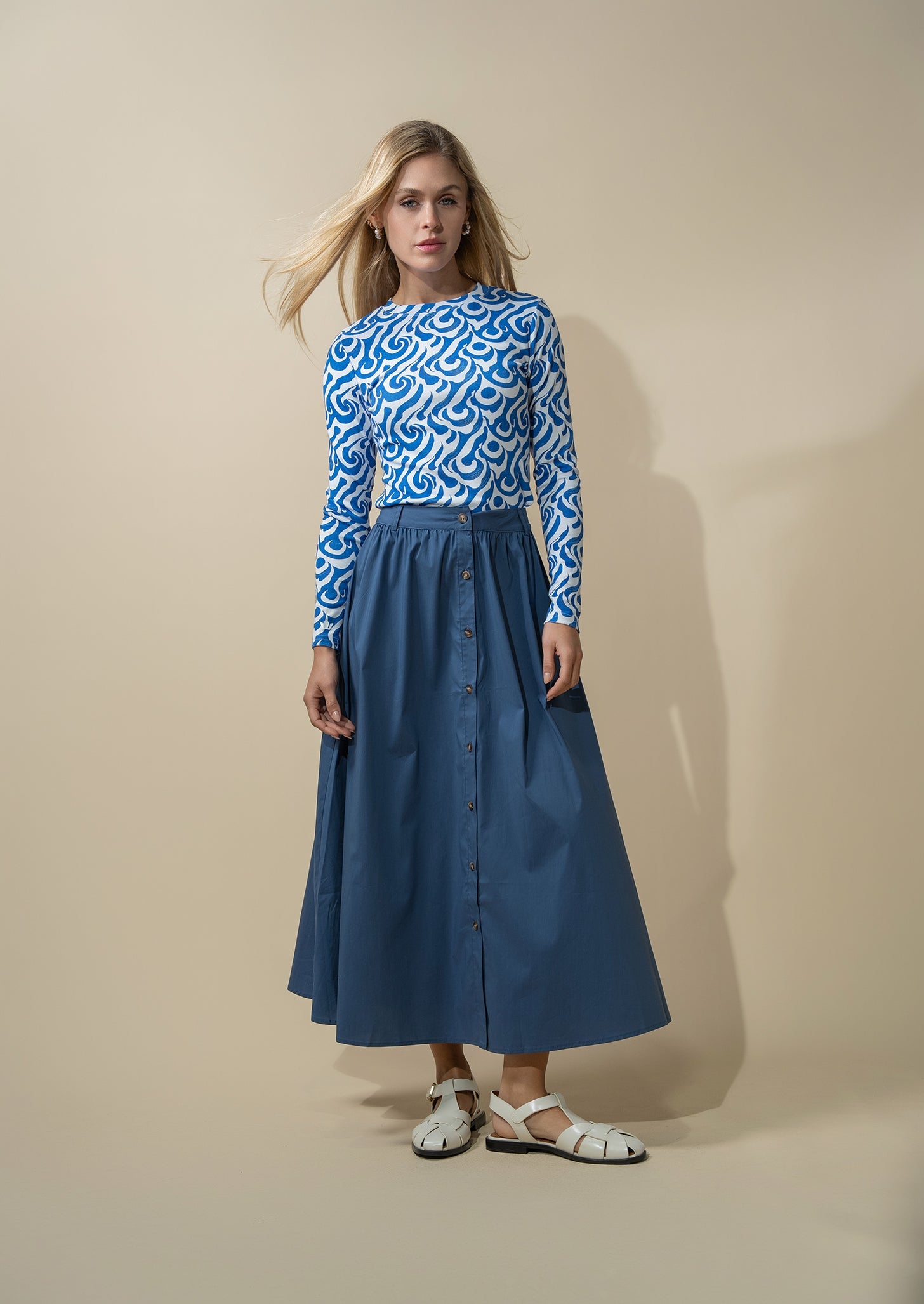 Button Down Cotton Blend Skirt-Denim Blue-0