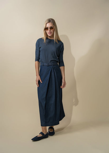 Side Inverted Pleat Denim Skirt-Dark Blue-0