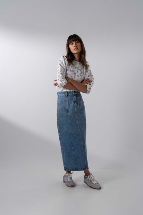 Front Seam Detail Denim Skirt-Blue Wash-4