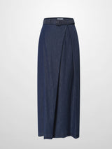 Side Inverted Pleat Denim Skirt-Dark Blue-1